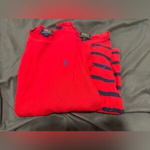 Pair of 2 Polo Ralph Lauren Kid Long Sleeve Red Shirt & Blue Striped Waffle Knit
